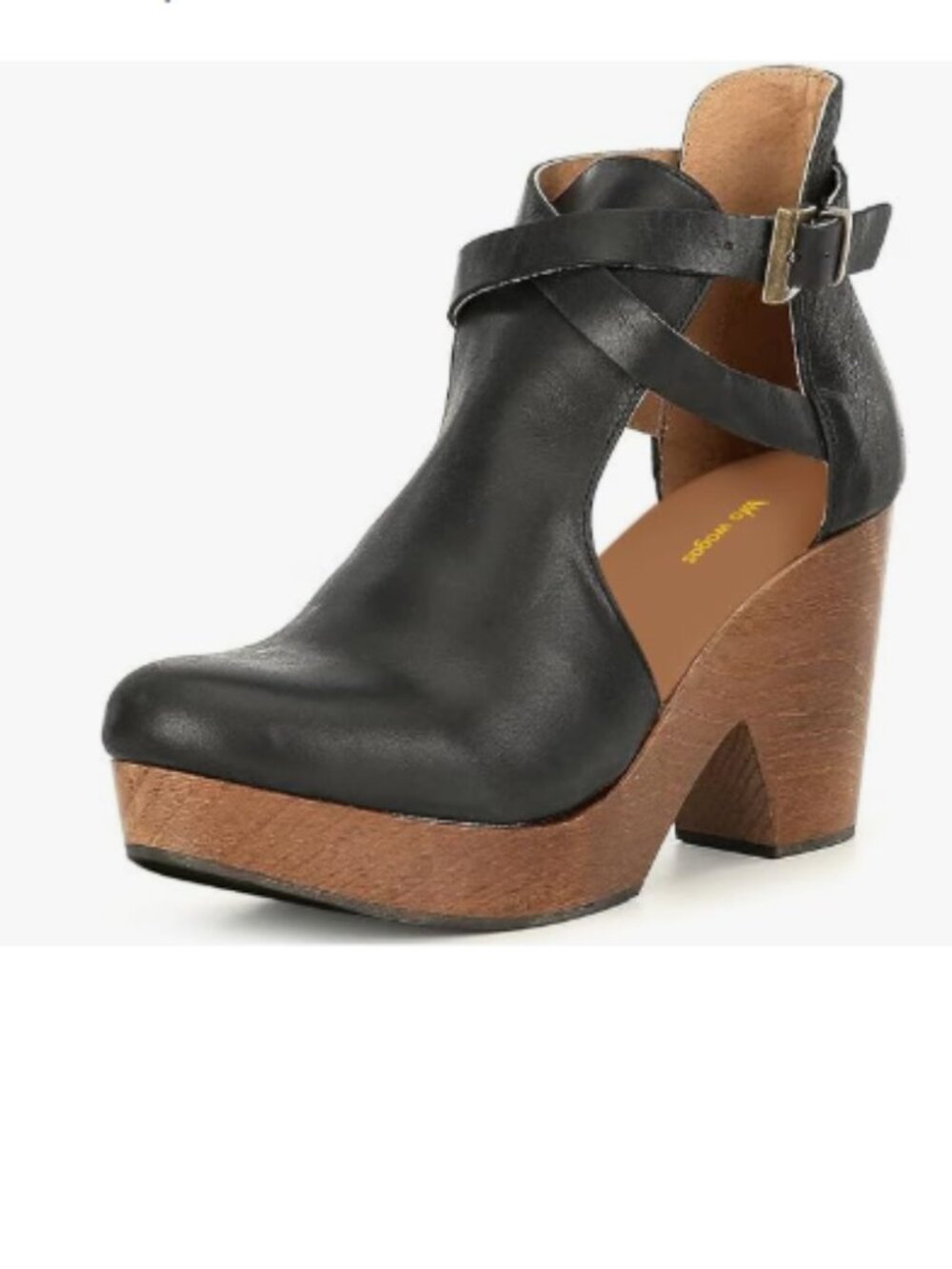Black Womens Platform Rounded Toe Cutout Strap Buckle Cork Block Heel Ankle Boot